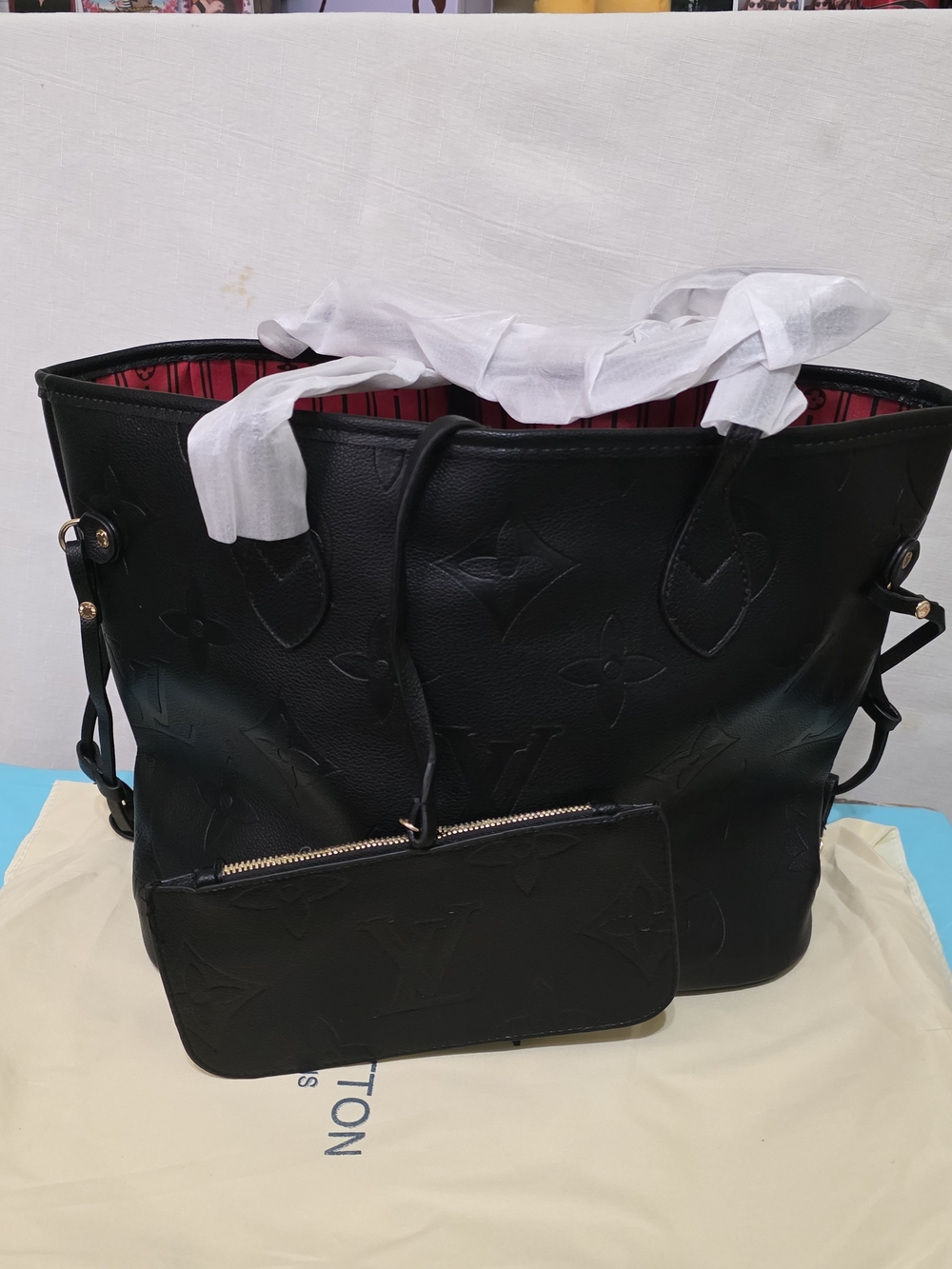 Louis Vuitton Black Embossed Leather Tote with Red Lining